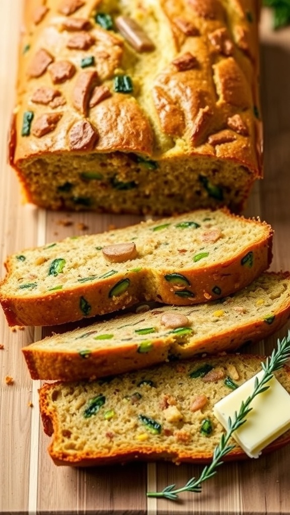 A loaf of onion zucchini bread sliced on a cutting board with butter and herbs.